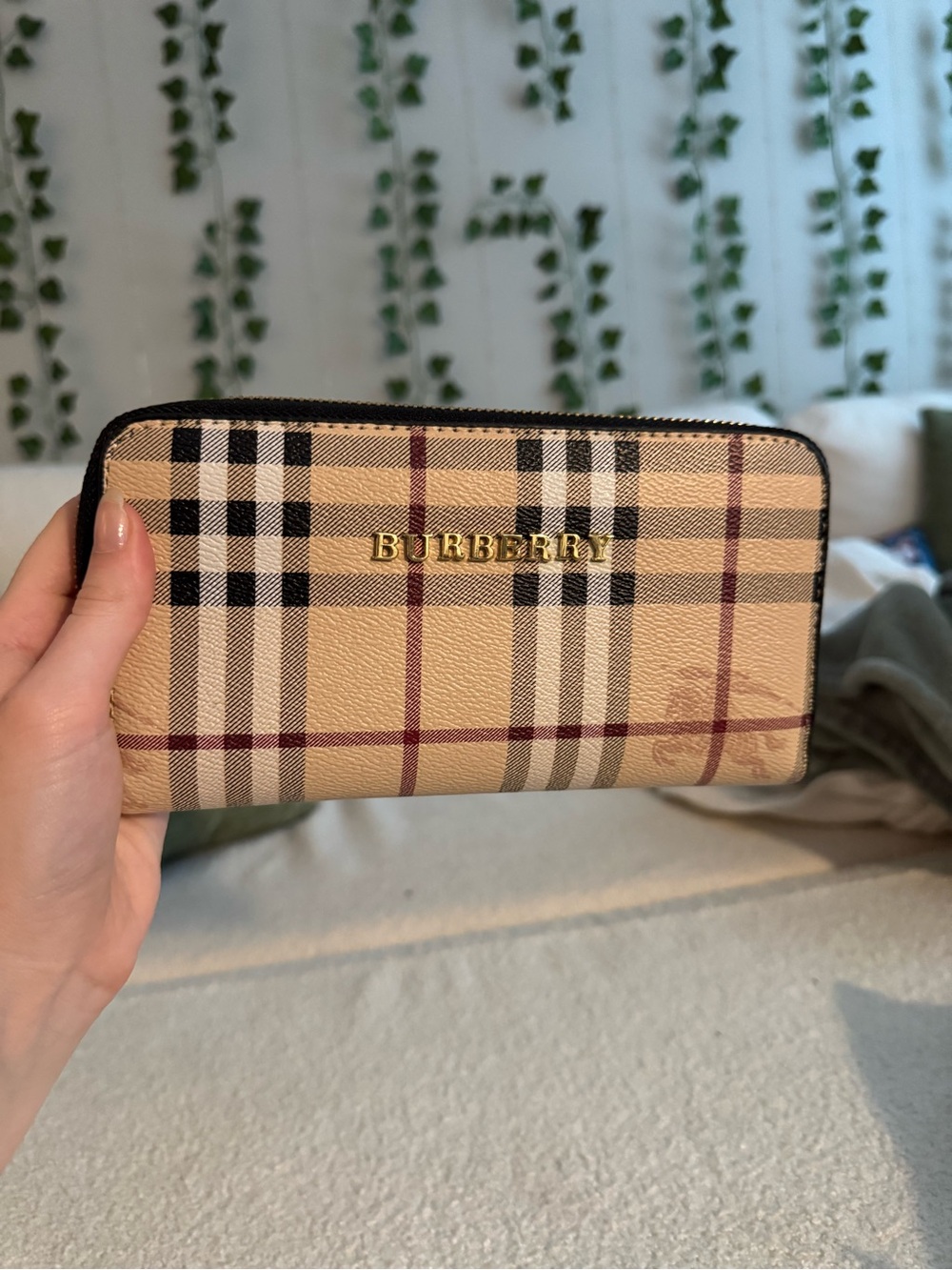 Burberry Tan Plaid Zip Wallet with Gold Logo